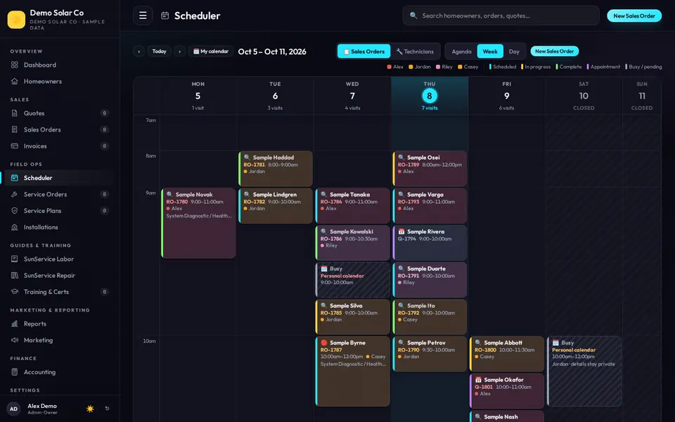 Scheduler week view with colour-coded technician visits
