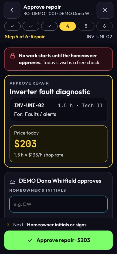 Technician phone: the homeowner approves the repair price before work starts