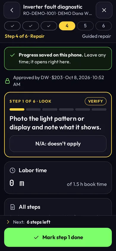 Guided repair step with a labor timer