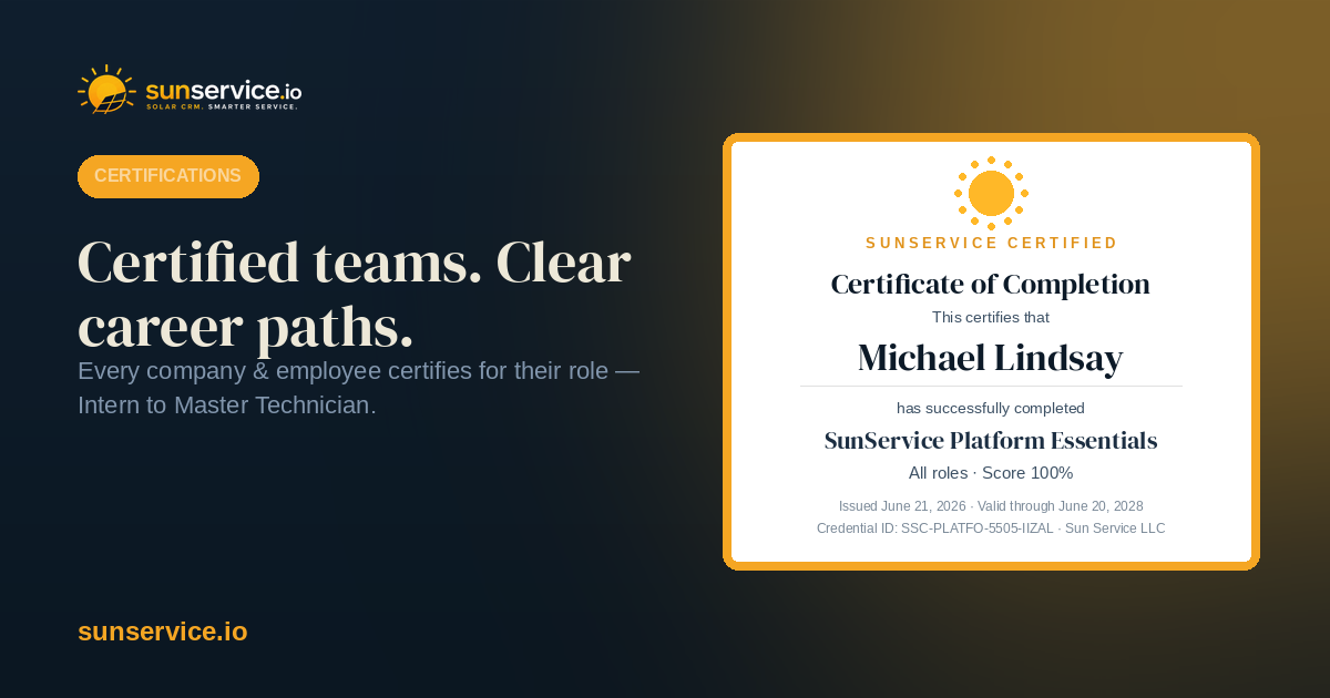 SunService Certified — example certificate